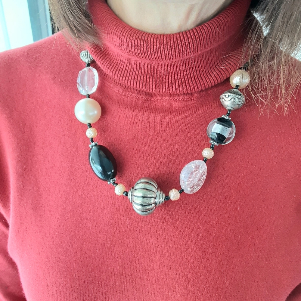 Abstract Boho "Chunky" Bead Necklace, Black, Silver, Crystal
